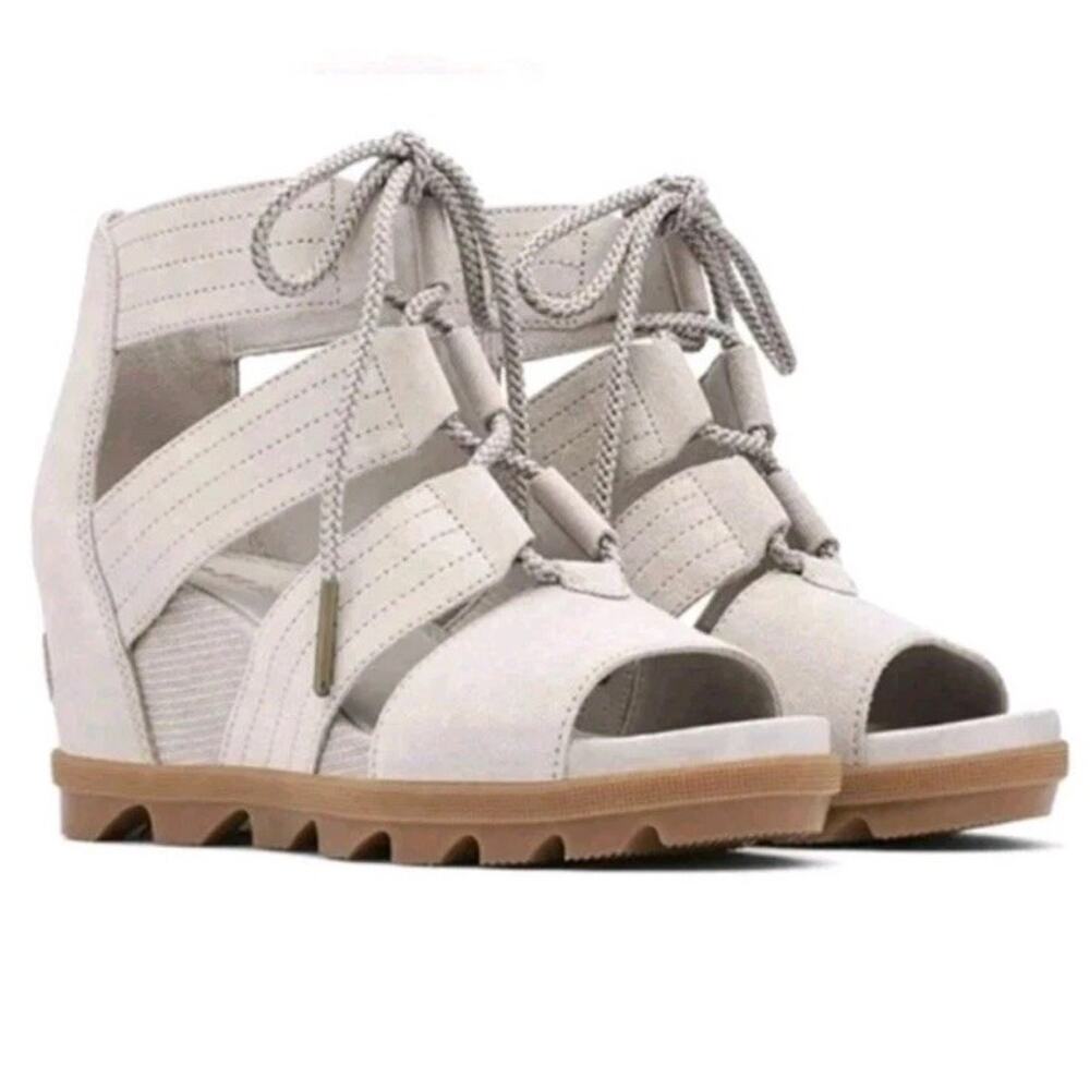 Sorel Joanie II Wedge Sz 9 EU 40 Sandals Heel Lace Up Tie Taupe Leather Strappy - Picture 2 of 14